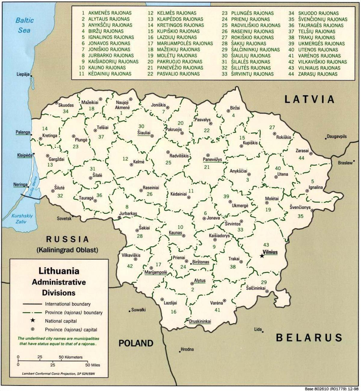 Mapa da mapa na Lituânia, com cidades